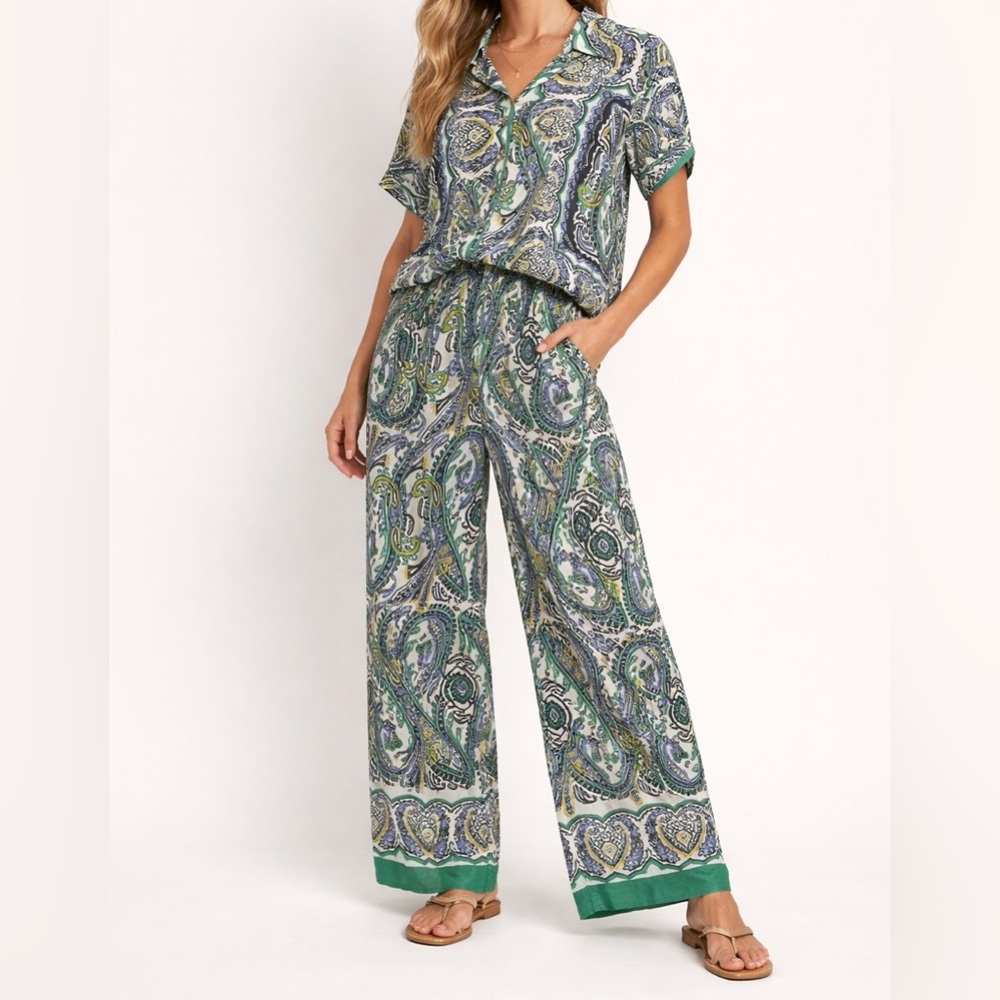 Haute Hippie Paisley Lounge Top & Bottoms Set in Green Blue Size S